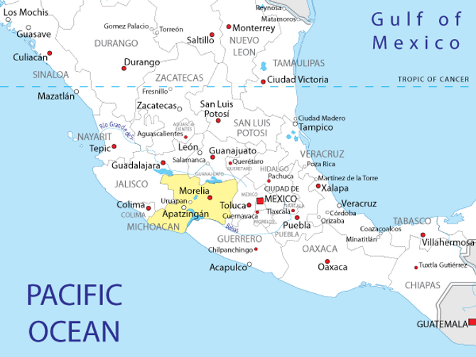 Map of Michoacan, Mexico - Capital city: Morelia